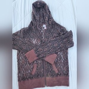 Pink Cattlelac brown sheer lace zip up hoodie size medium